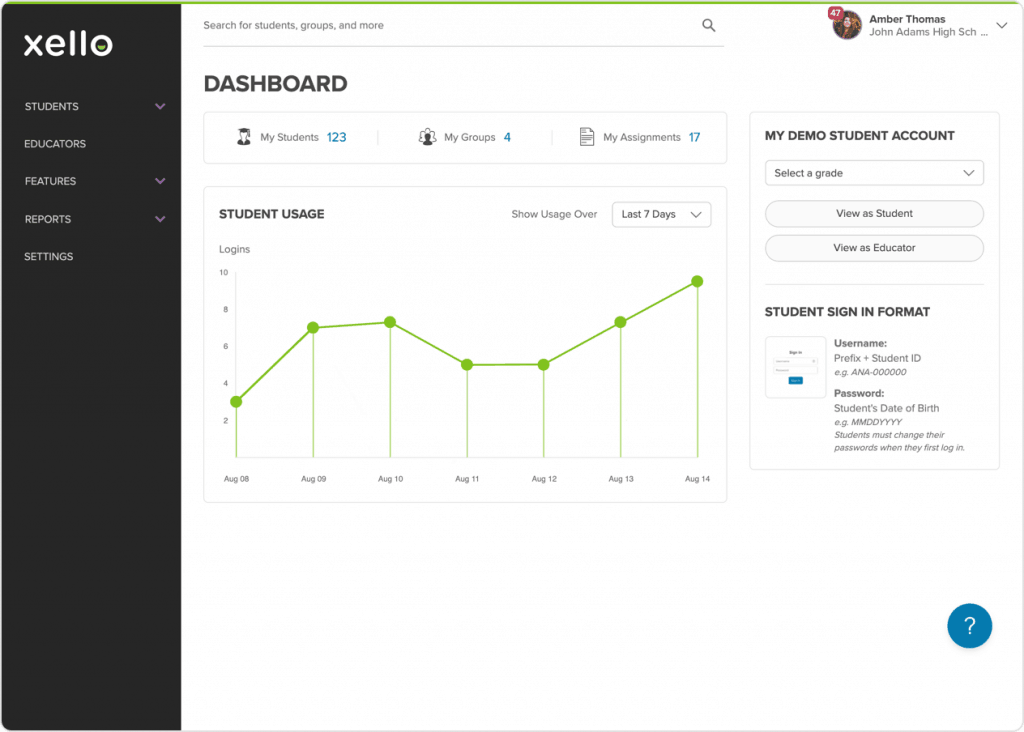 Xello elementary reporting screen
