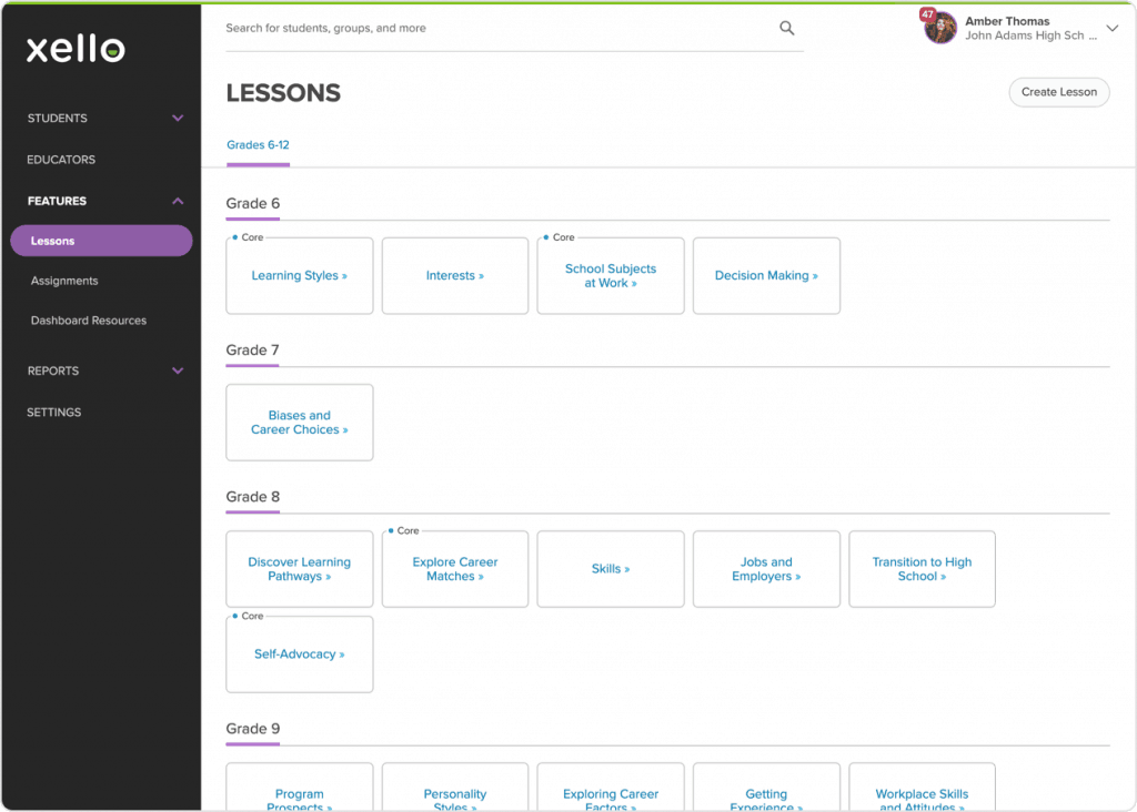 Lessons Dashboard Educator View screen