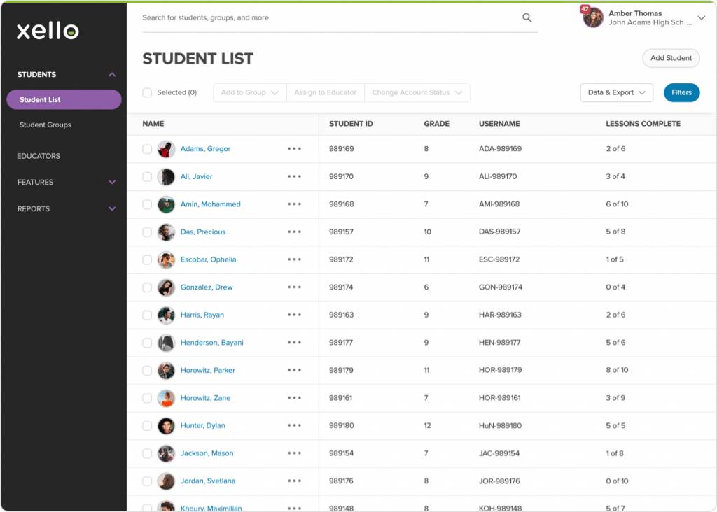 Student Lists screen