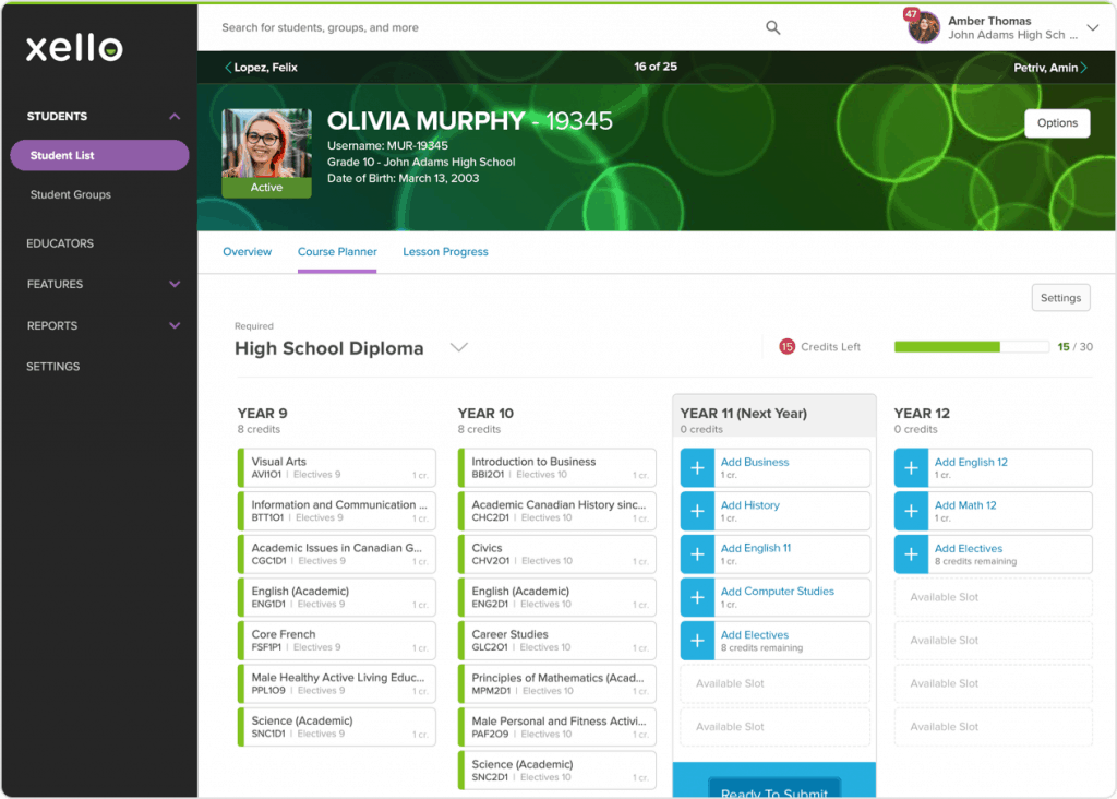 Student Profiles Courses screen