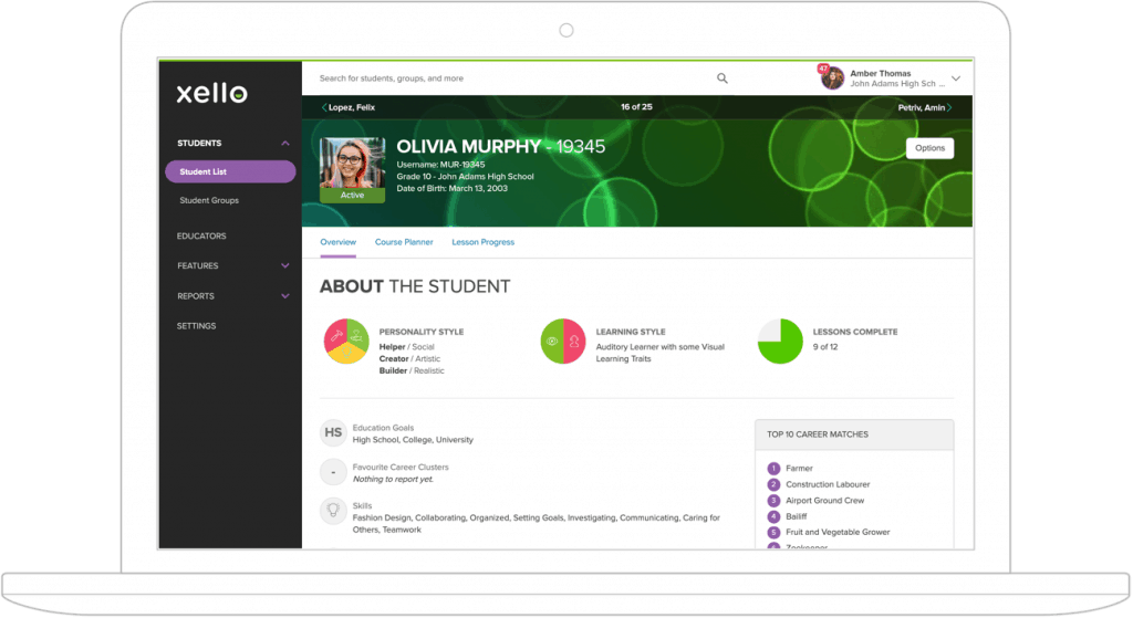Student Profile in Educator View screen