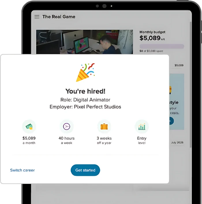 The Real Game by Xello - depiction of job selection and hiring screen