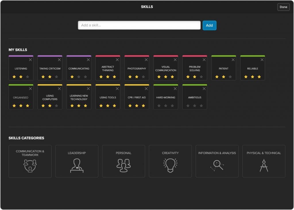 Skills inventory screen