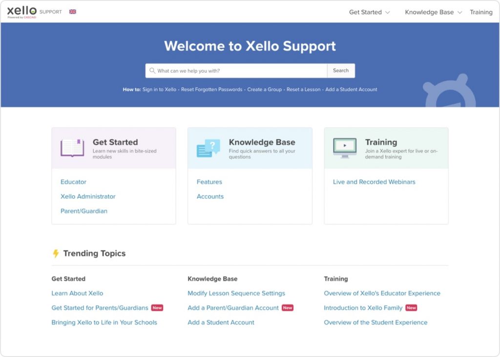 UK Welcome to Xello Support screen