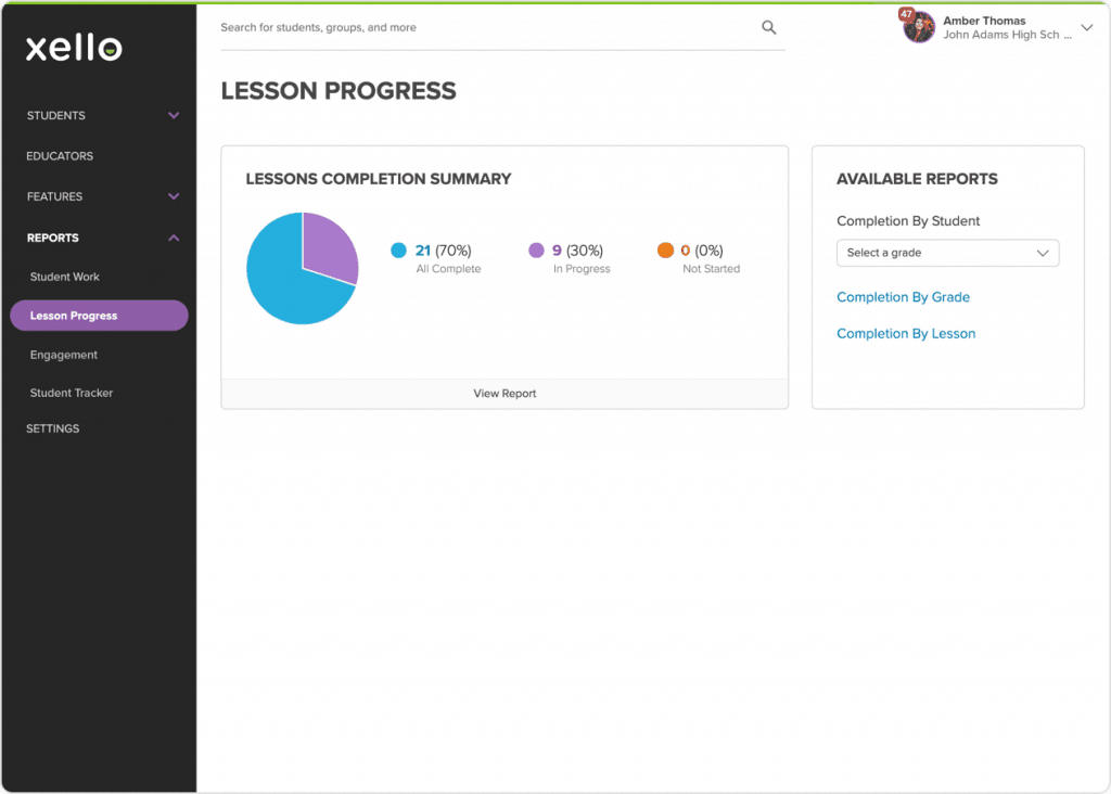 Lesson Progress Report screen