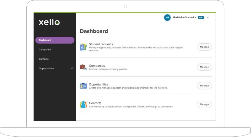 Xello Work-Based Learning coordinator tools screen shot