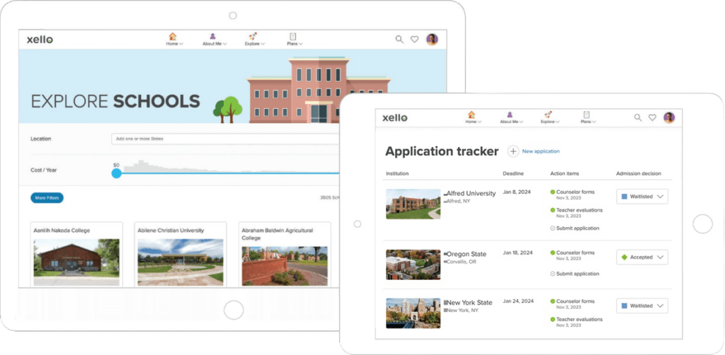 Screen shots of college exploration experience in Xello