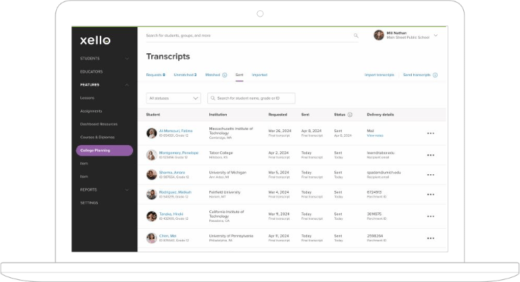 Transcripts management screen shot