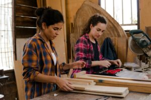 students working in wood shop